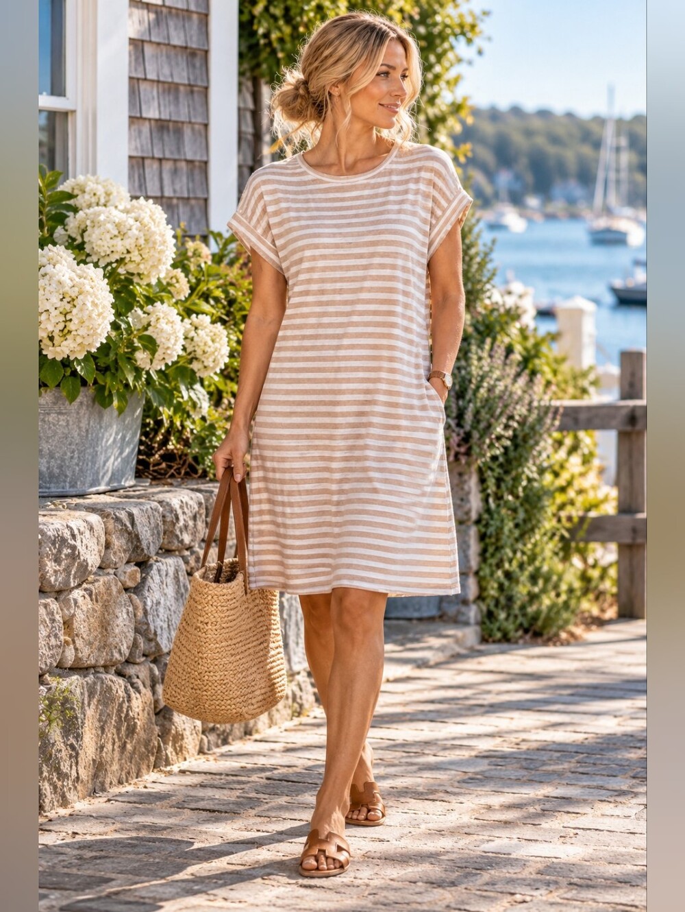 J.Crew Striped Cotton T Shirt Dress Beige White Tie Waist Coastal Preppy